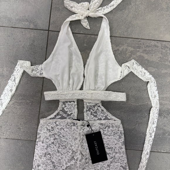Outcast Suede Jumpsuit White Lace XS Pantsuit Halter Plunge Festival Sheer NWT - Picture 7 of 10